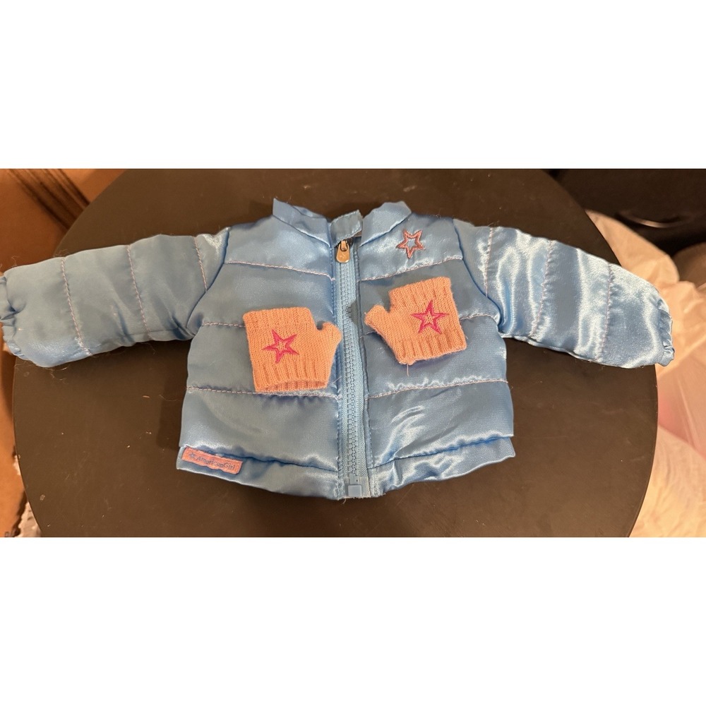 AMERICAN GIRL My AG Retired Blue PUFFY WINTER JACKET & PINK FINGERLESS GLOVES
